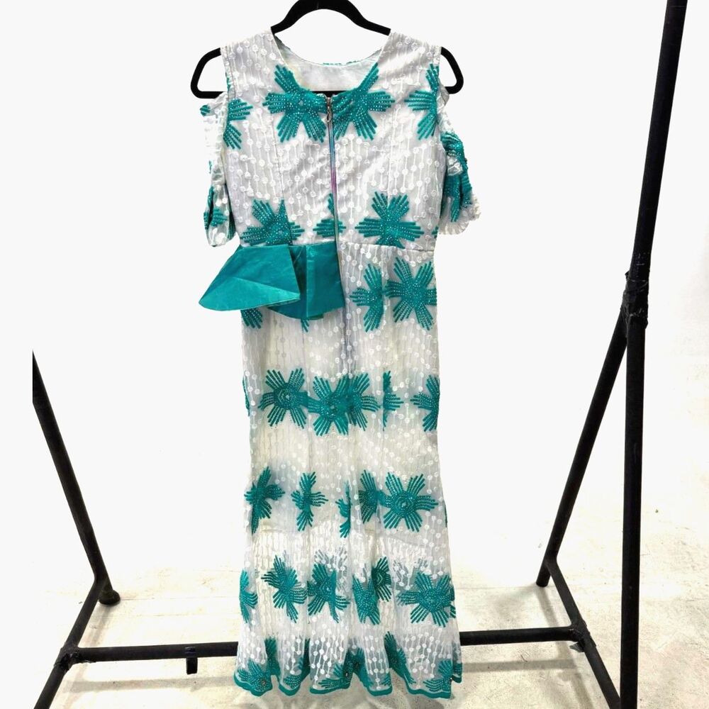 Vintage 60s teal & white occasion midi w/ shoulder cut out, peplum, jeweled - Picture 2 of 5